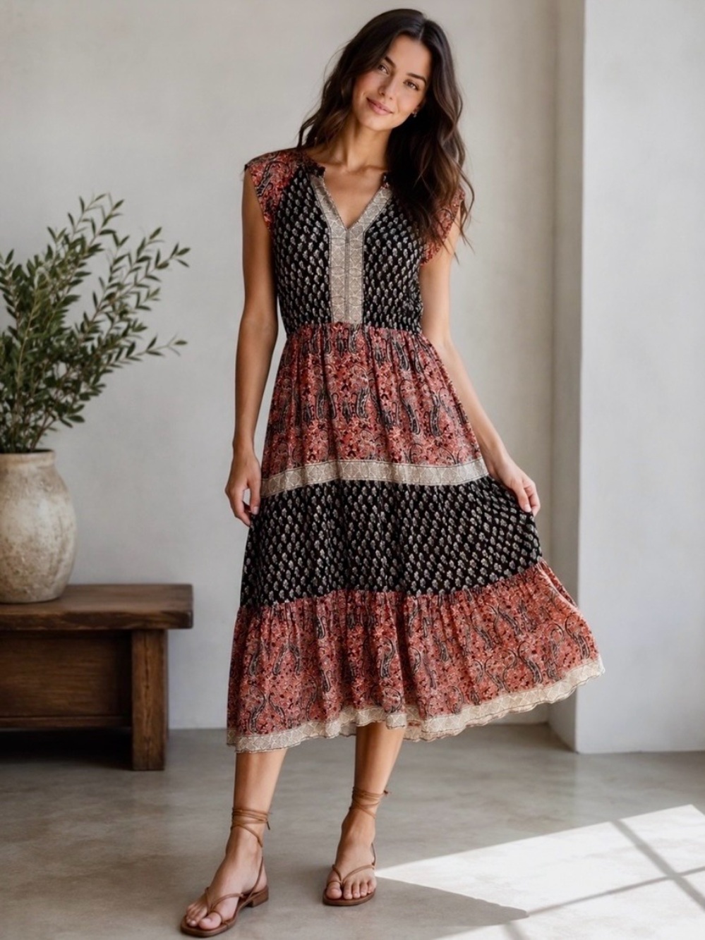 Ulla Johnson Black and Rust Patchwork V-Neck Midi Dress